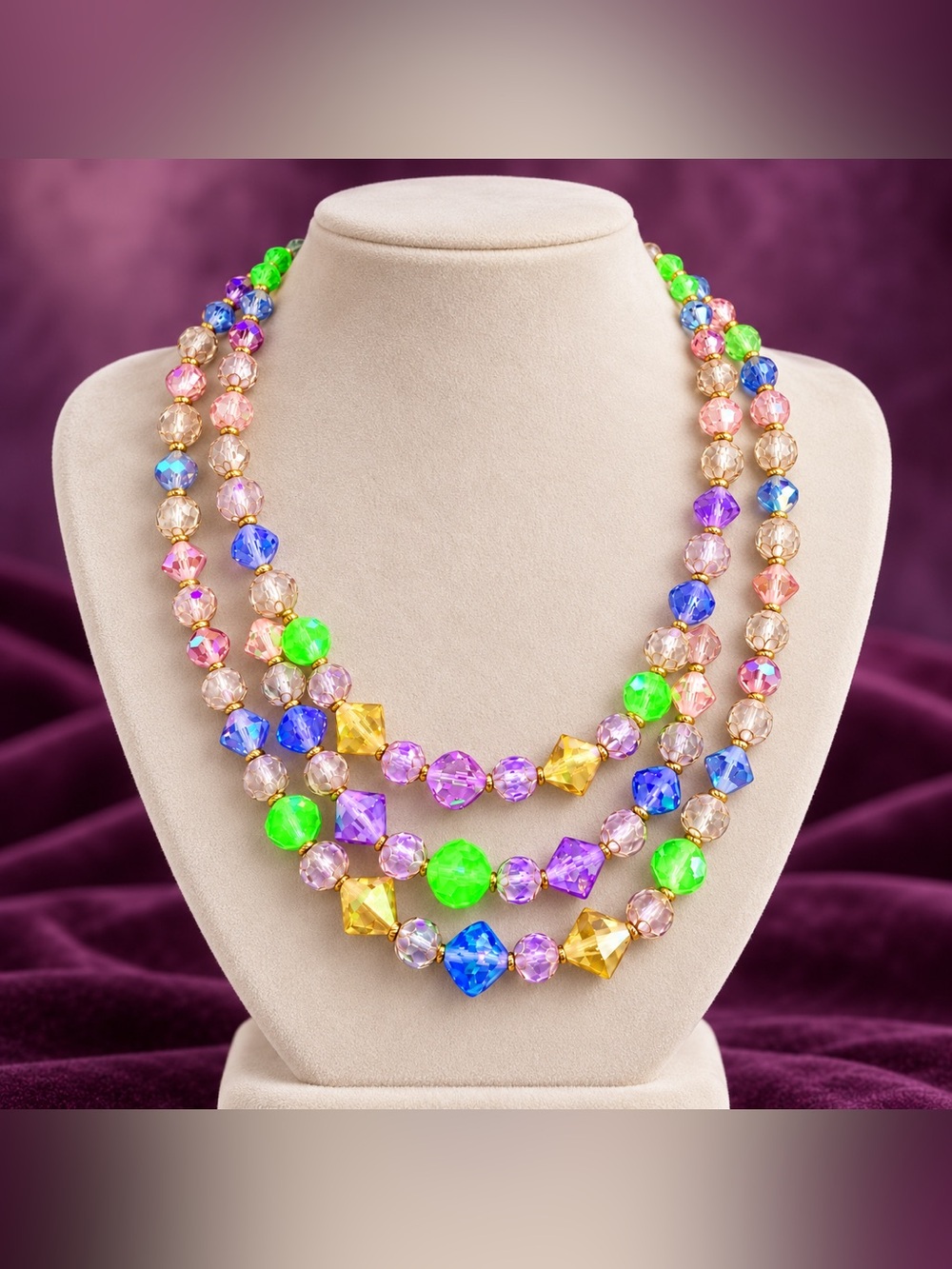 Rare Vintage Uranium Glow Multicolor Glass 3-Strand Necklace